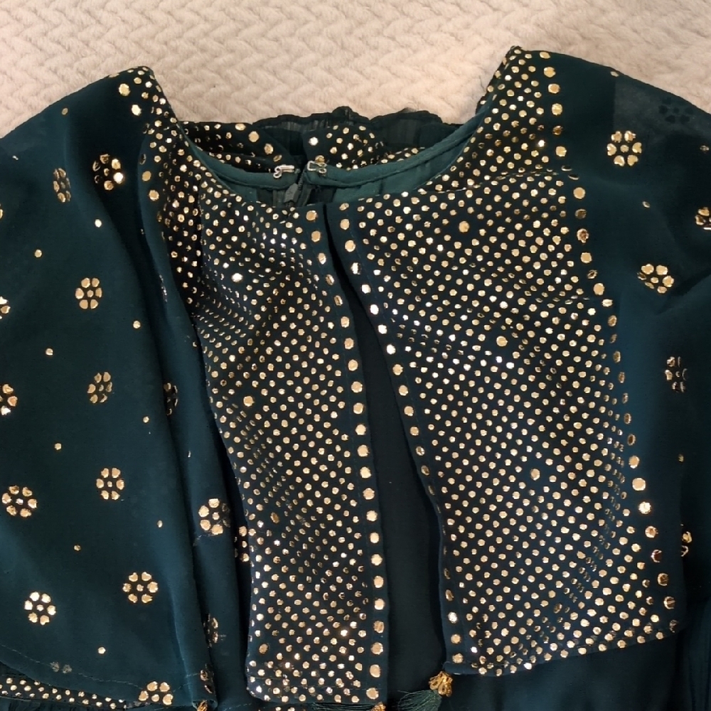 Formal Dress: Deep Green w/Gold Embellishments & Flowy Cape on Modest Sleeveless - Picture 9 of 16